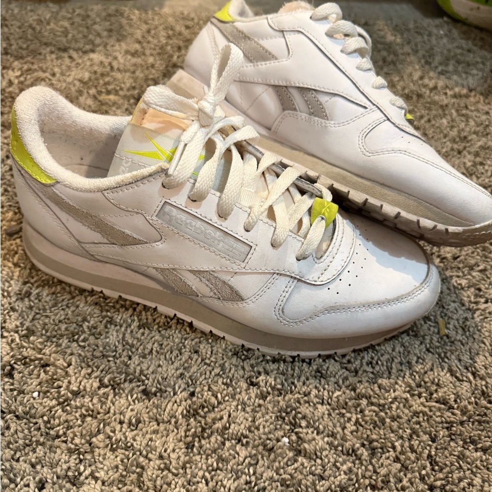 Reebok Classic White and Neon Yellow Shoes